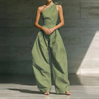 Miss | Jumpsuit Dames One-Shoulder Strikdetail Wijde Pijpen Vloerlang - Miss Madera MIS-1FBNSF