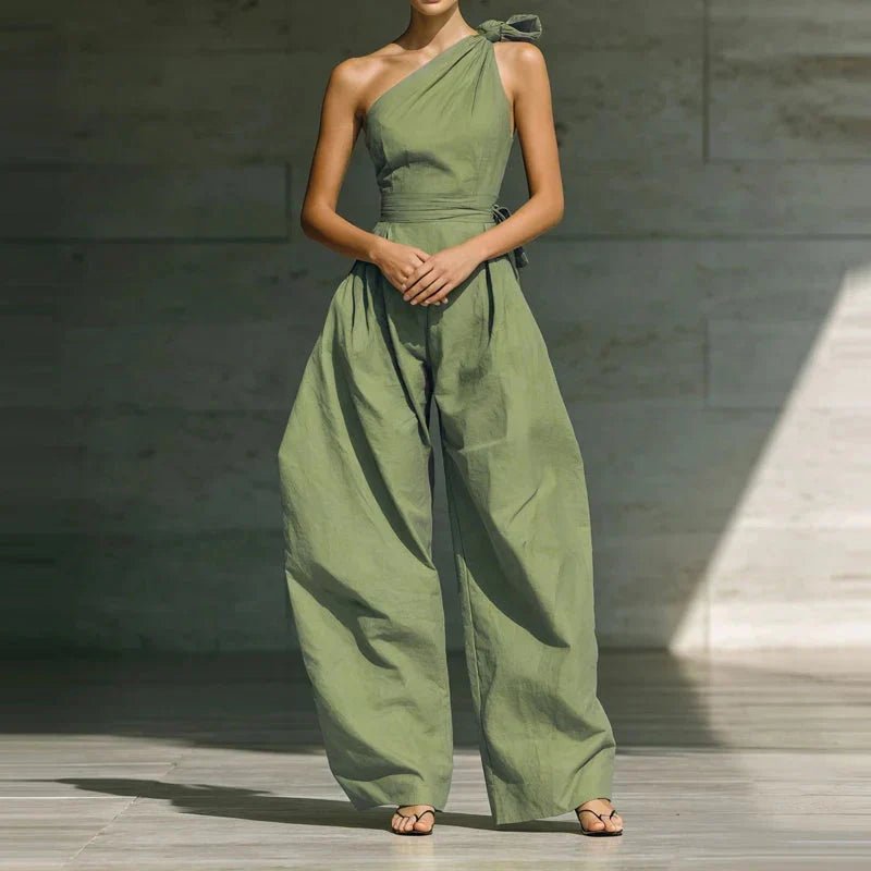 Miss | Jumpsuit Dames One-Shoulder Strikdetail Wijde Pijpen Vloerlang - Miss Madera MIS-1FBNSF