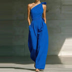 Miss | Jumpsuit Dames One-Shoulder Strikdetail Wijde Pijpen Vloerlang - Miss Madera MIS-J8RLMZ