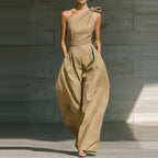 Miss | Jumpsuit Dames One-Shoulder Strikdetail Wijde Pijpen Vloerlang - Miss Madera MIS-WGRPAI