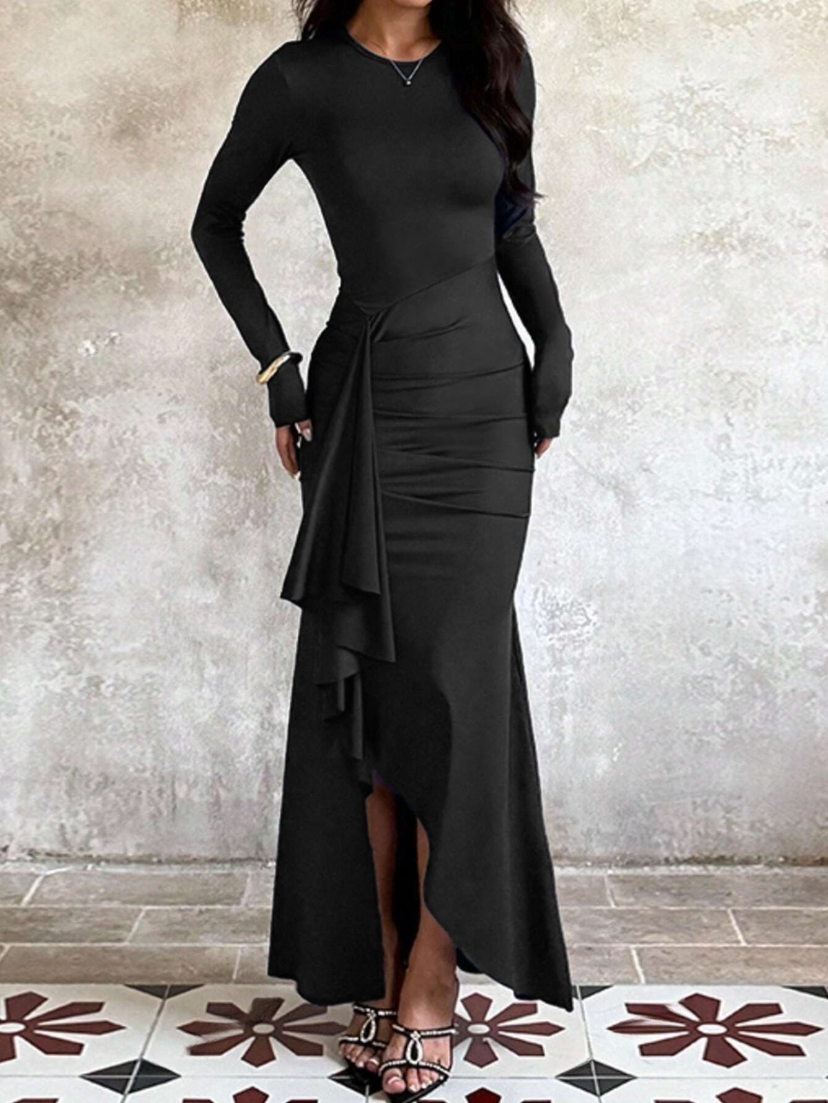 Miss | Jurk Dames Aansluitend Lange Mouw Asymmetrische Volant - Stretch - Miss Madera MIS-NFUSQ1