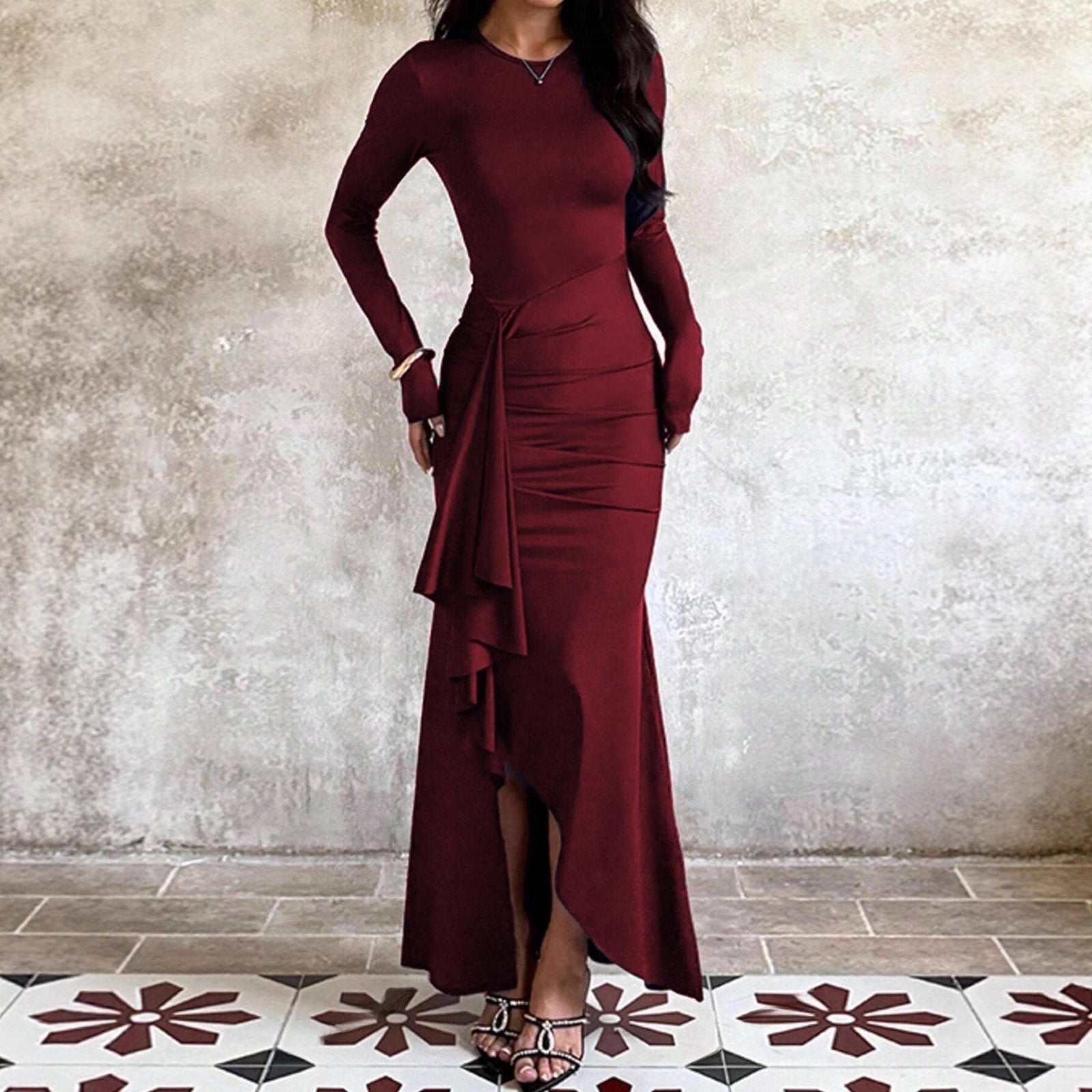 Miss | Jurk Dames Aansluitend Lange Mouw Asymmetrische Volant - Stretch - Miss Madera MIS-7OANLG