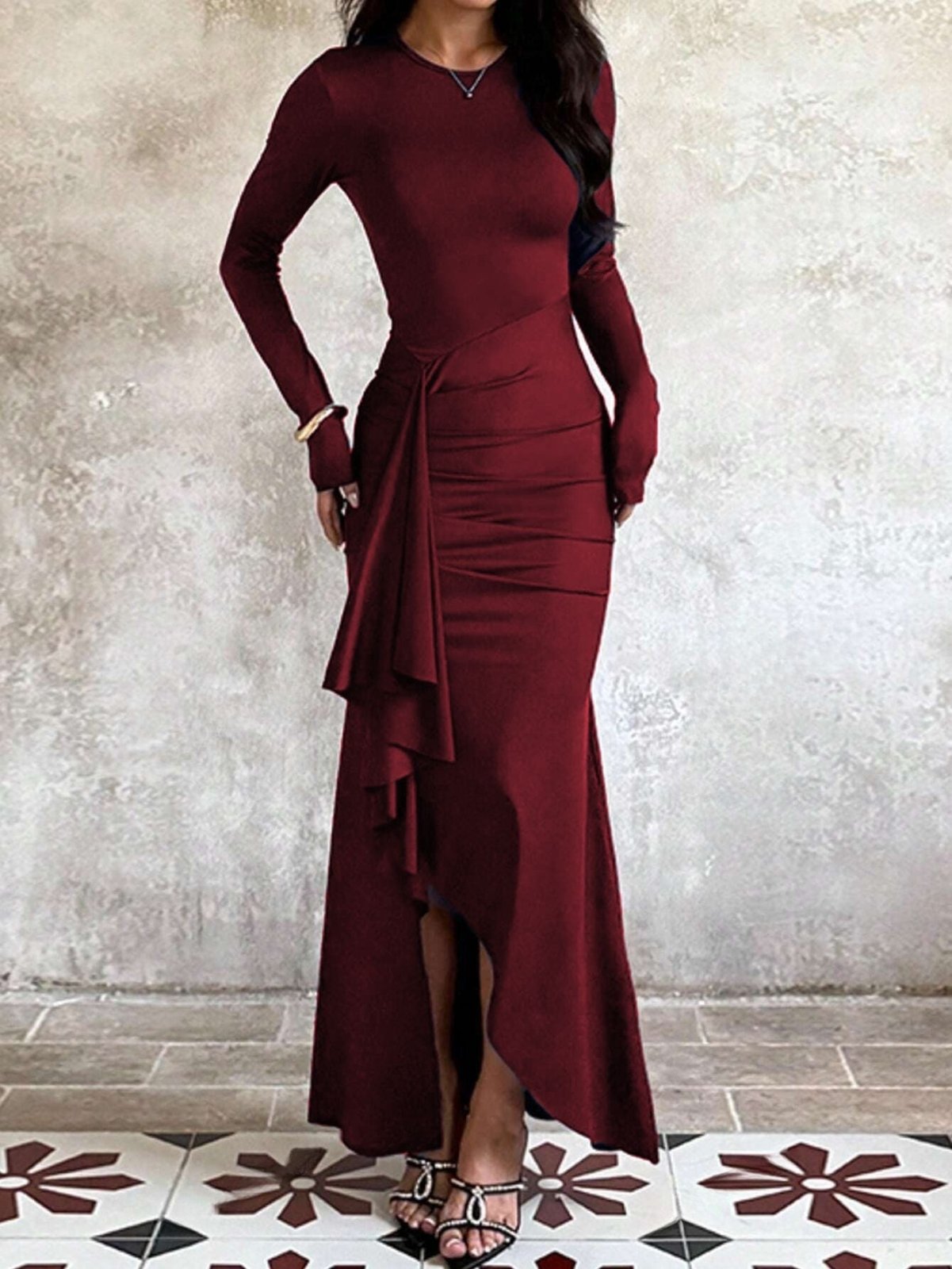 Miss | Jurk Dames Aansluitend Lange Mouw Asymmetrische Volant - Stretch - Miss Madera MIS-JRAHL2