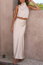 Miss | Jurk Dames Halter Maxi Satijn - Miss Madera MIS-AQRGRE