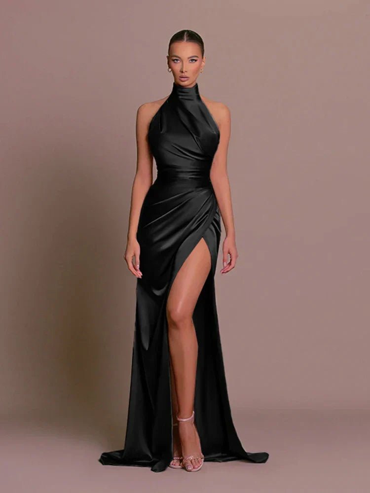 Miss | Jurk Dames Halterhals Maxi Hoge Split - Satijn - Miss Madera MIS-L83621