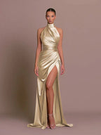Miss | Jurk Dames Halterhals Maxi Hoge Split - Satijn - Miss Madera MIS-KZFDGS