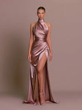 Miss | Jurk Dames Halterhals Maxi Hoge Split - Satijn - Miss Madera MIS-CTPNCE