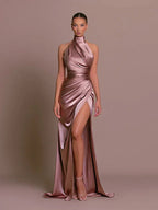 Miss | Jurk Dames Halterhals Maxi Hoge Split - Satijn - Miss Madera MIS-CTPNCE