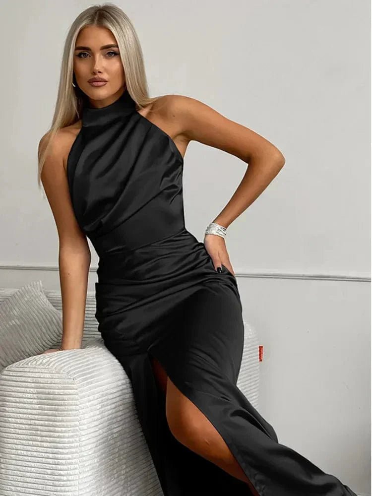 Miss | Jurk Dames Halterhals Maxi Satijn Zijsplit - Satijn - Miss Madera MIS-LHR8NC