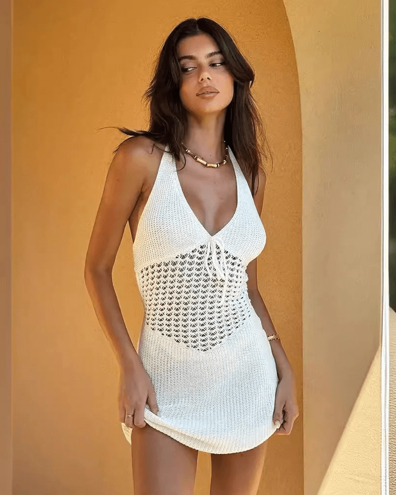 Miss | Jurk Dames Halterhals Mini Haakwerk Strikdetail - Miss Madera MIS-MH00Z4