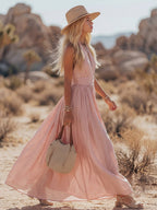 Miss | Jurk Dames Halternek Maxi Geplooide Rok - Katoen-Linnen - Miss Madera MIS-Z1GXDE