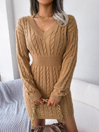 Miss | Jurk Dames Kabelgebreid Midi V-hals Lange Mouw - Wol - Miss Madera MIS-38SUMQ