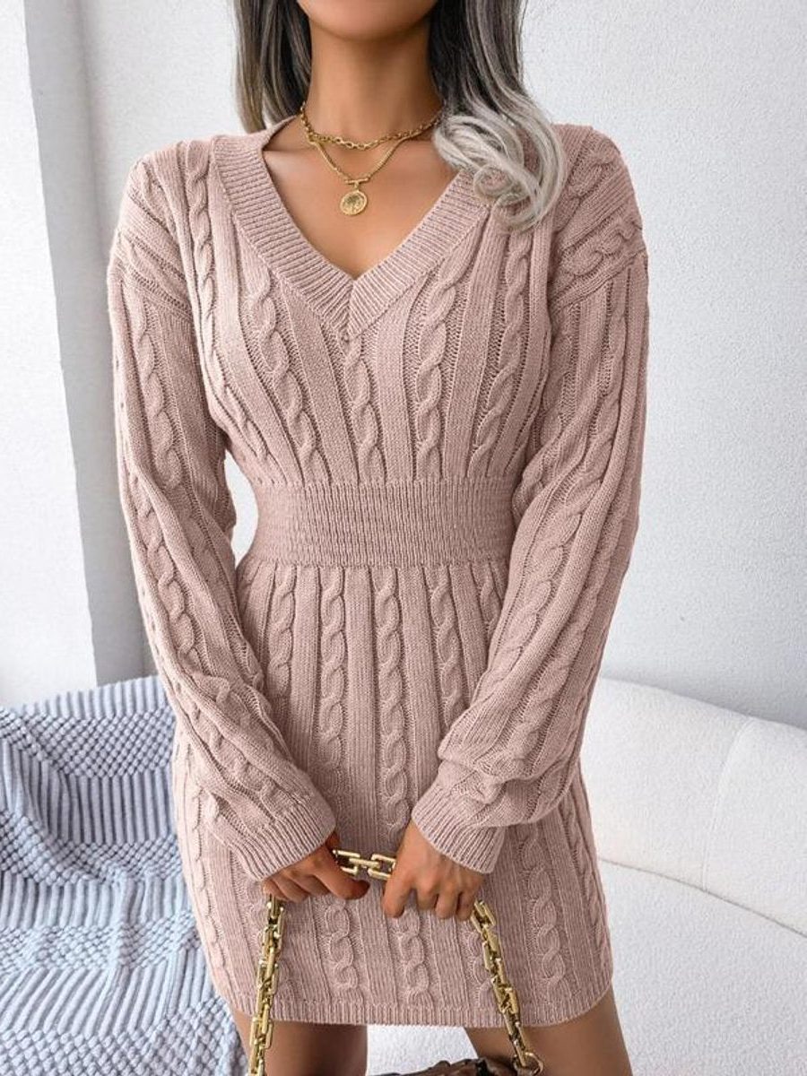 Miss | Jurk Dames Kabelgebreid Midi V-hals Lange Mouw - Wol - Miss Madera MIS-MWODNF