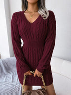 Miss | Jurk Dames Kabelgebreid Midi V-hals Lange Mouw - Wol - Miss Madera MIS-8GY7K5