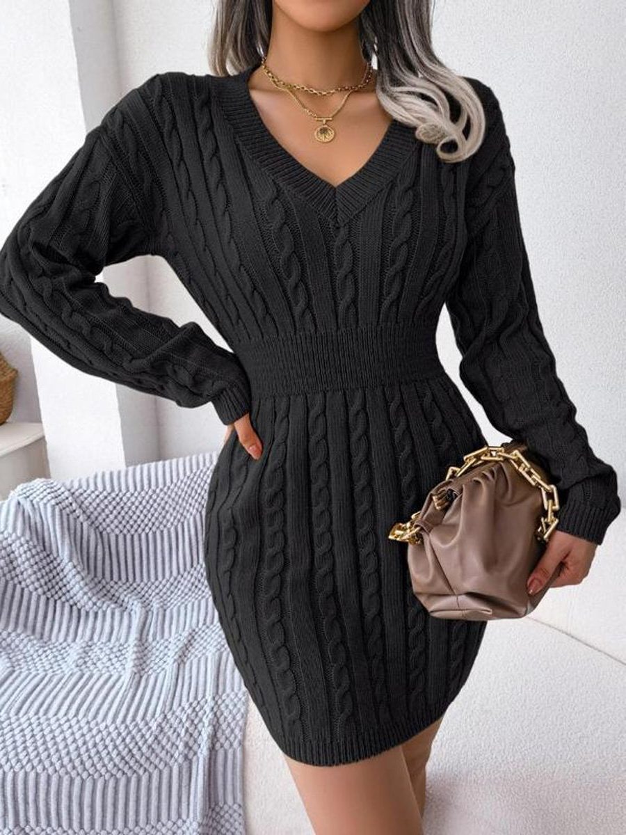 Miss | Jurk Dames Kabelgebreid Midi V-hals Lange Mouw - Wol - Miss Madera MIS-67DADM