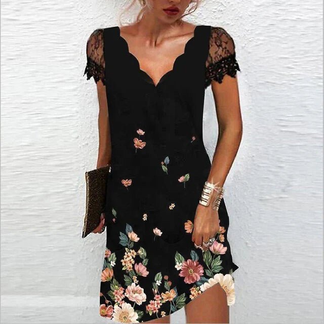 Miss | Jurk Dames Kanten Mouwen Bloemenprint Asymmetrische Zoom - Miss Madera MIS-Y9YIPD