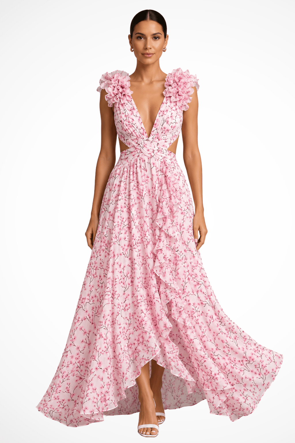 Miss | Jurk Dames Maxi Bloemenprint V-hals Ruches - Miss Madera MIS-2X2OBY