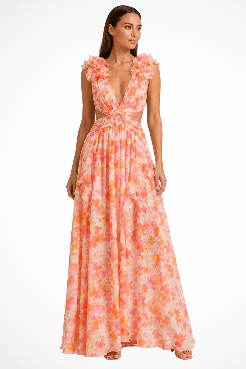 Miss | Jurk Dames Maxi Bloemenprint V-hals Ruches - Miss Madera MIS-JD2JEX