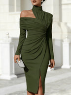 Miss | Jurk Dames Maxi Elegant One Shoulder - Polyester - Olijfgroen