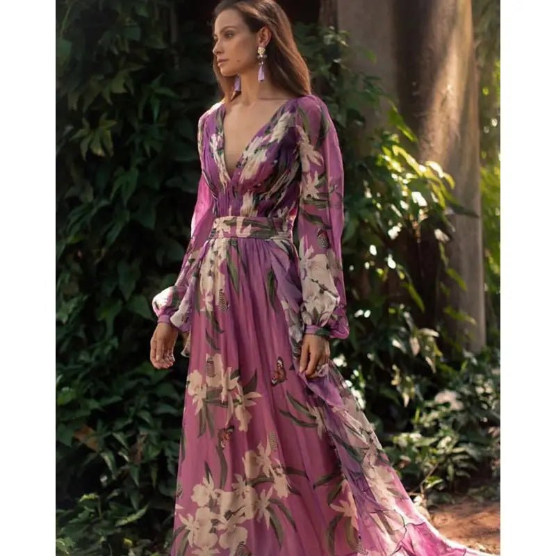 Miss | Jurk Dames Maxi Elegant V-Hals Taille - Polyester - Paars