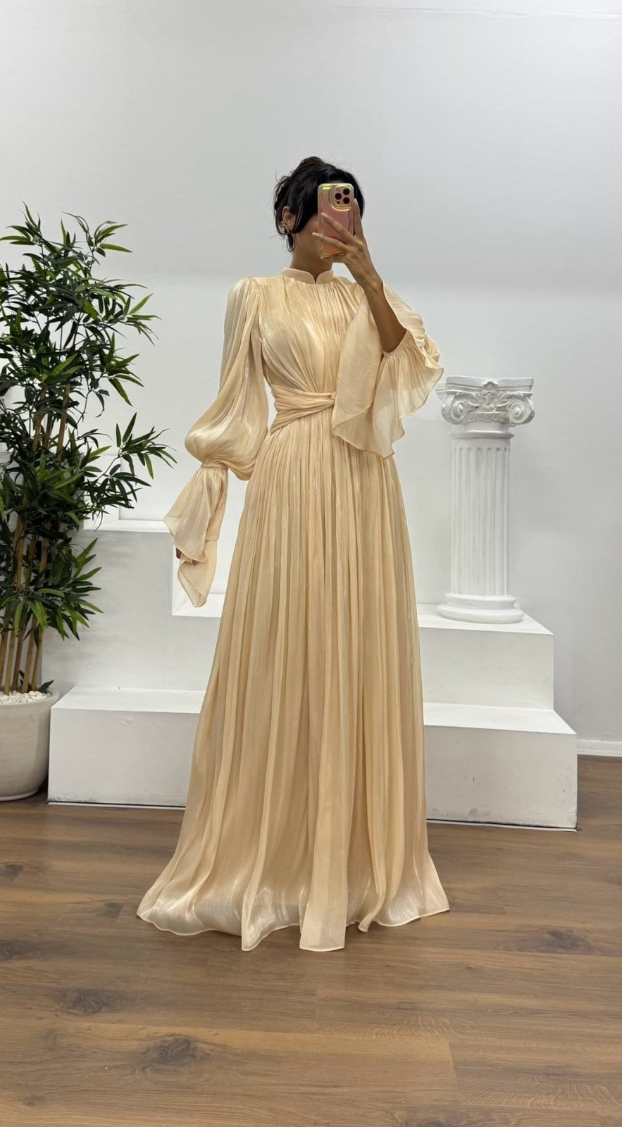 Miss | Jurk Dames Maxi Geplisseerd Ballonmouw Wikkeldetail - Miss Madera MIS-YDP72V