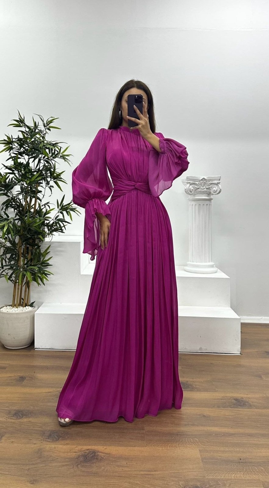 Miss | Jurk Dames Maxi Geplisseerd Ballonmouw Wikkeldetail - Miss Madera MIS-NTGZF2