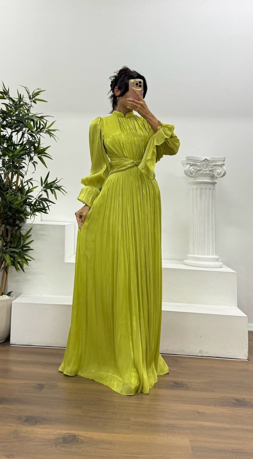 Miss | Jurk Dames Maxi Geplisseerd Ballonmouw Wikkeldetail - Miss Madera MIS-9PU3AY
