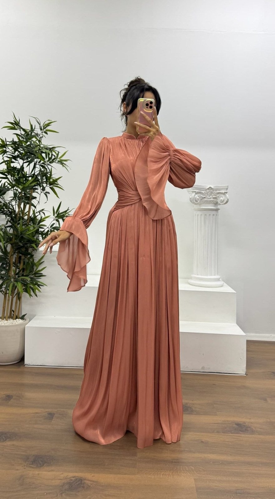 Miss | Jurk Dames Maxi Geplisseerd Ballonmouw Wikkeldetail - Miss Madera MIS-8WGMVM