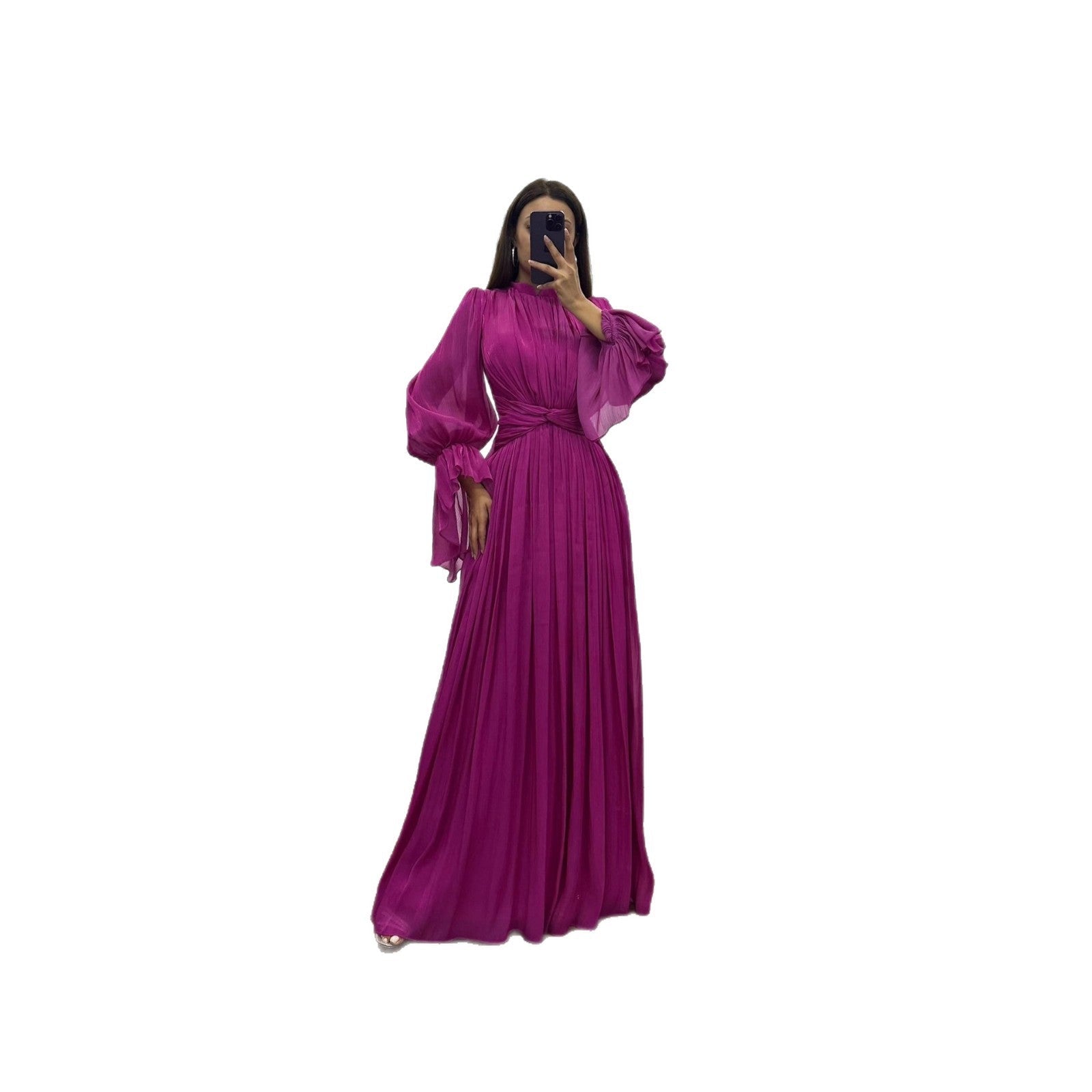 Miss | Jurk Dames Maxi Geplisseerd Ballonmouw Wikkeldetail - Miss Madera MIS-NTGZF2