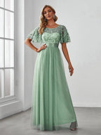 Miss | Jurk Dames Maxi Korte Mouw Pailletten - Tule - Miss Madera MIS-228CD8