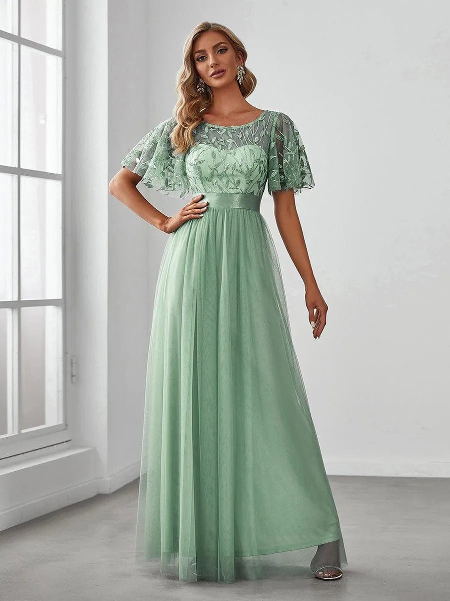 Miss | Jurk Dames Maxi Korte Mouw Pailletten - Tule - Miss Madera MIS-228CD8