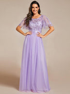 Miss | Jurk Dames Maxi Korte Mouw Pailletten - Tule - Miss Madera