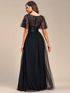 Miss | Jurk Dames Maxi Korte Mouw Pailletten - Tule - Miss Madera
