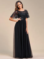 Miss | Jurk Dames Maxi Korte Mouw Pailletten - Tule - Miss Madera