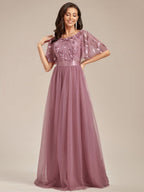 Miss | Jurk Dames Maxi Korte Mouw Pailletten - Tule - Miss Madera