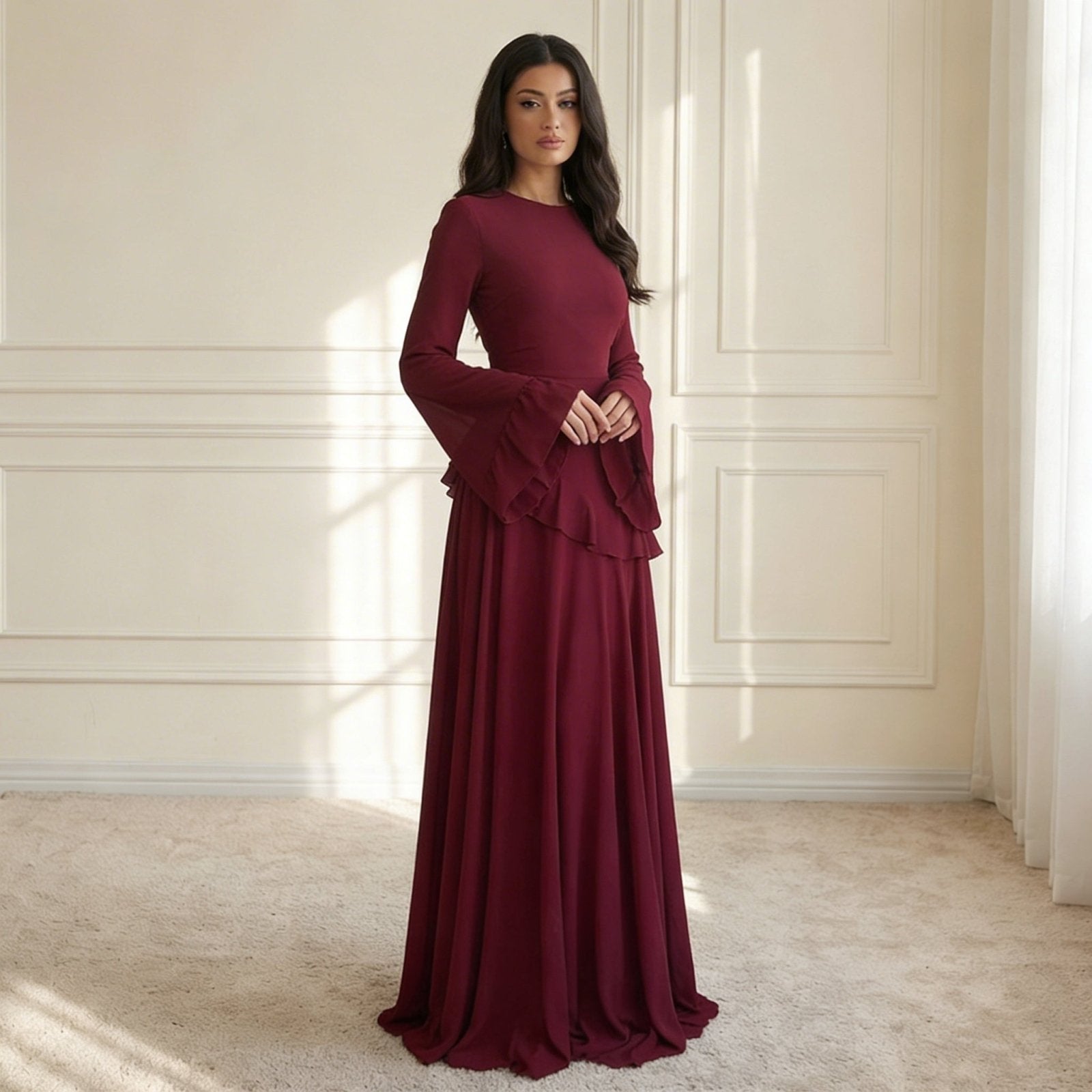 Miss | Jurk Dames Maxi Lange Mouwen Ruches - Viscose - Miss Madera MIS-ATBPET