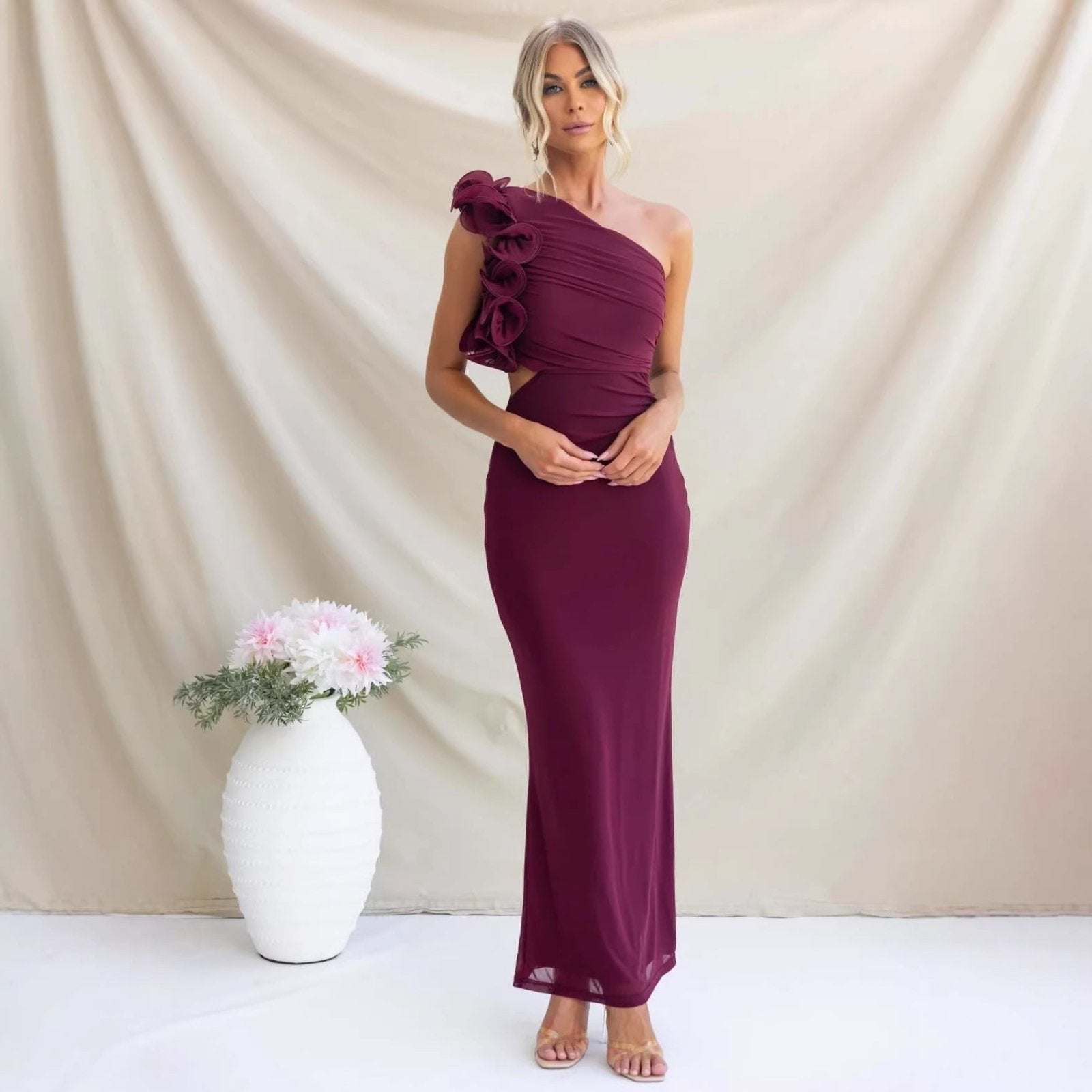 Miss | Jurk Dames Maxi One-Shoulder Ruche - Vloeiend - Miss Madera MIS-TD05DK