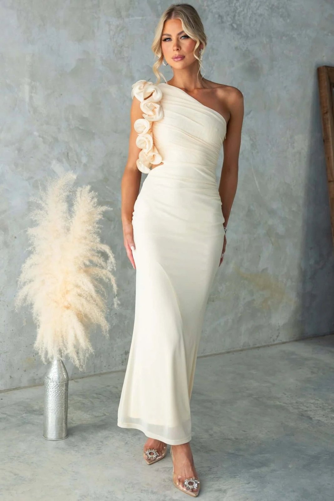 Miss | Jurk Dames Maxi One-Shoulder Ruche - Vloeiend - Miss Madera MIS-PB2YM2