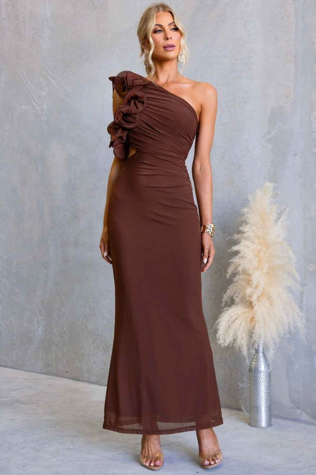Miss | Jurk Dames Maxi One-Shoulder Ruche - Vloeiend - Miss Madera MIS-EO7IVR