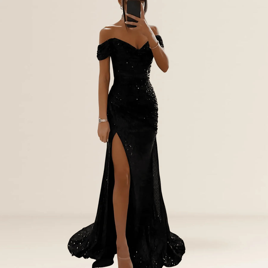 Jurk Dames Maxi Open Schouder Pailletten Split - Polyester