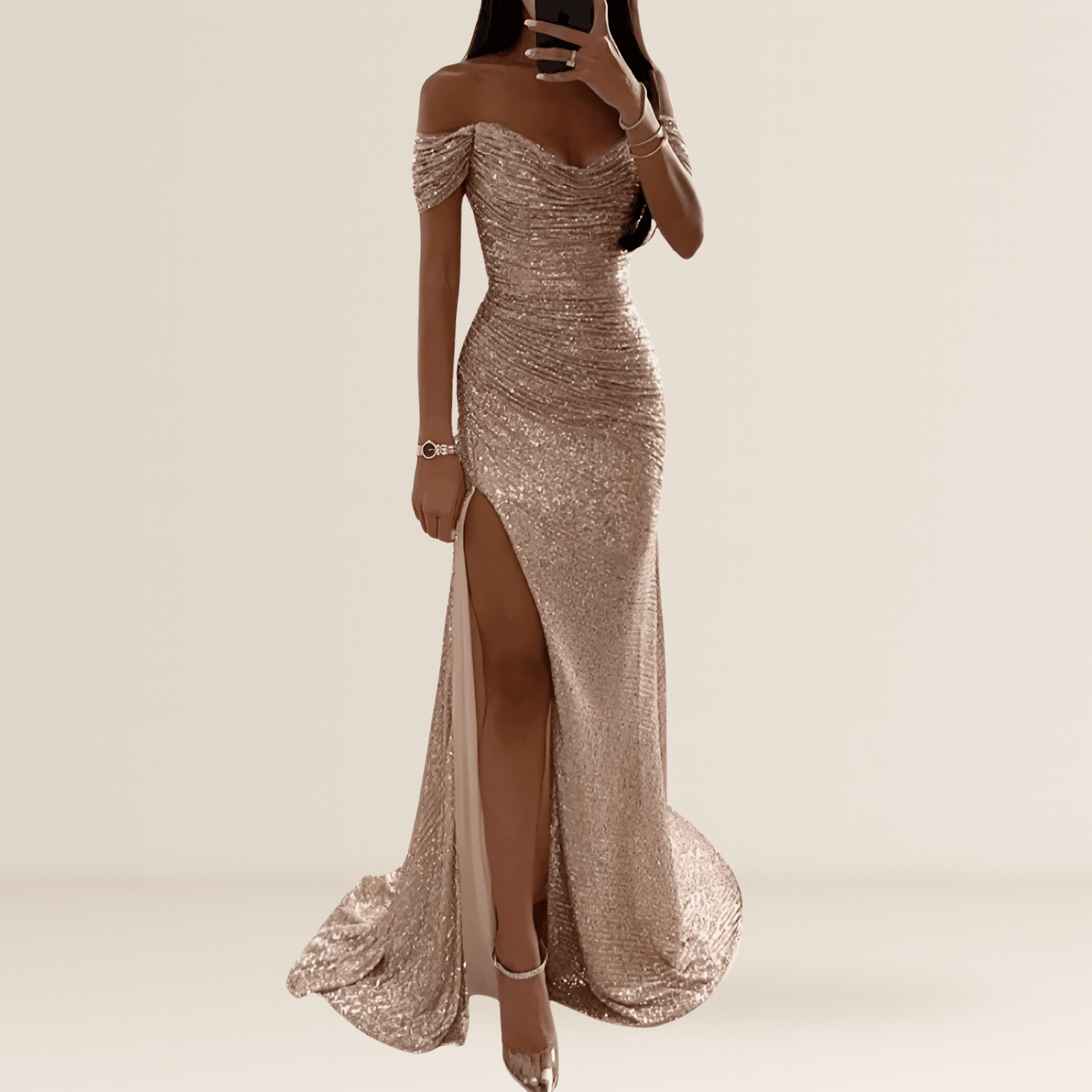Miss | Jurk Dames Maxi Open Schouder Pailletten Split - Polyester - Miss Madera MIS-A1UIZA