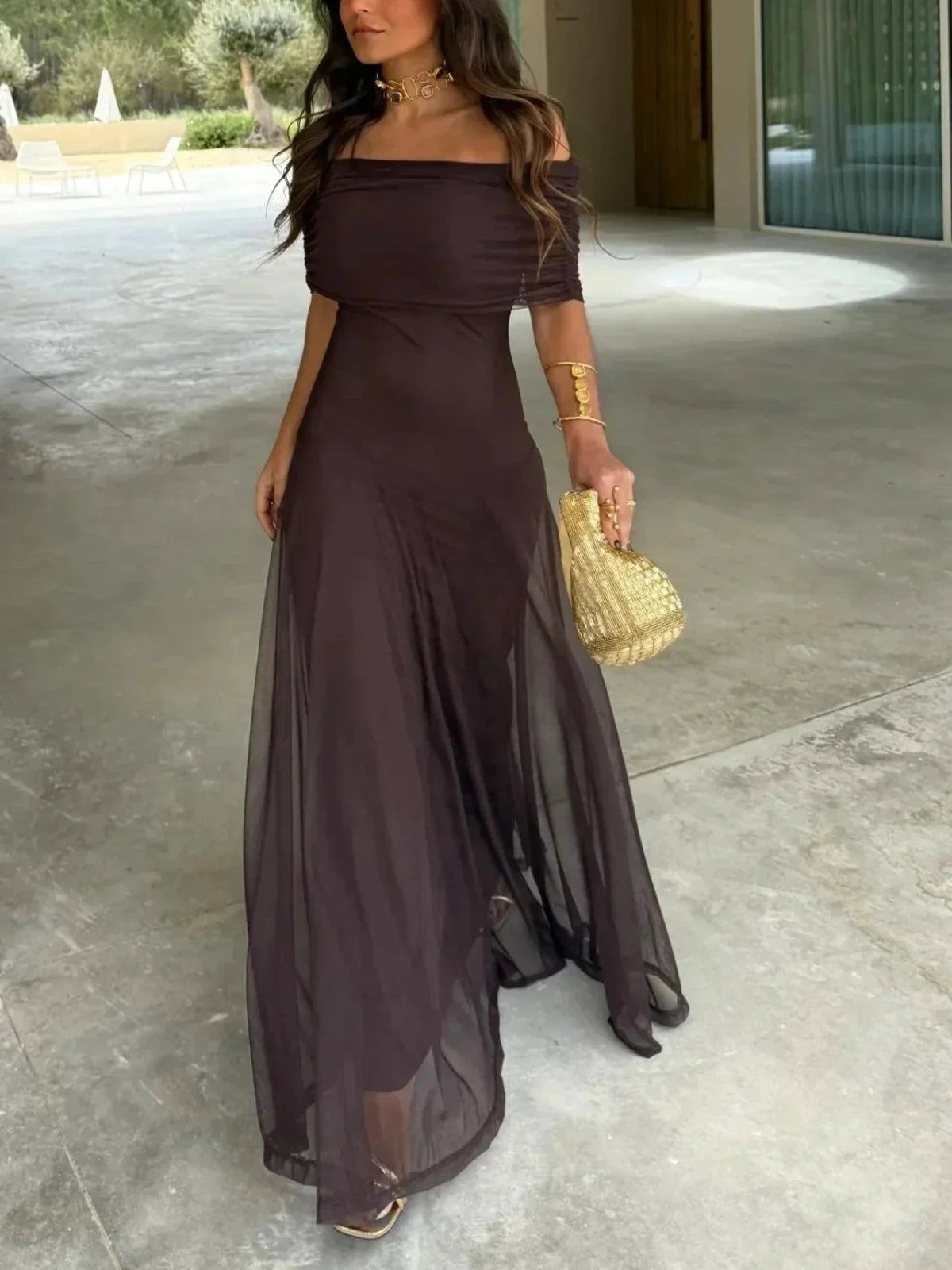 Miss | Jurk Dames Maxi Schoudervrij - Polyester - Miss Madera MIS-BEFC11