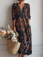 Miss | Jurk Dames Midi Boho V-hals Lange Mouw - Viscose - Miss Madera MIS-P36OTT