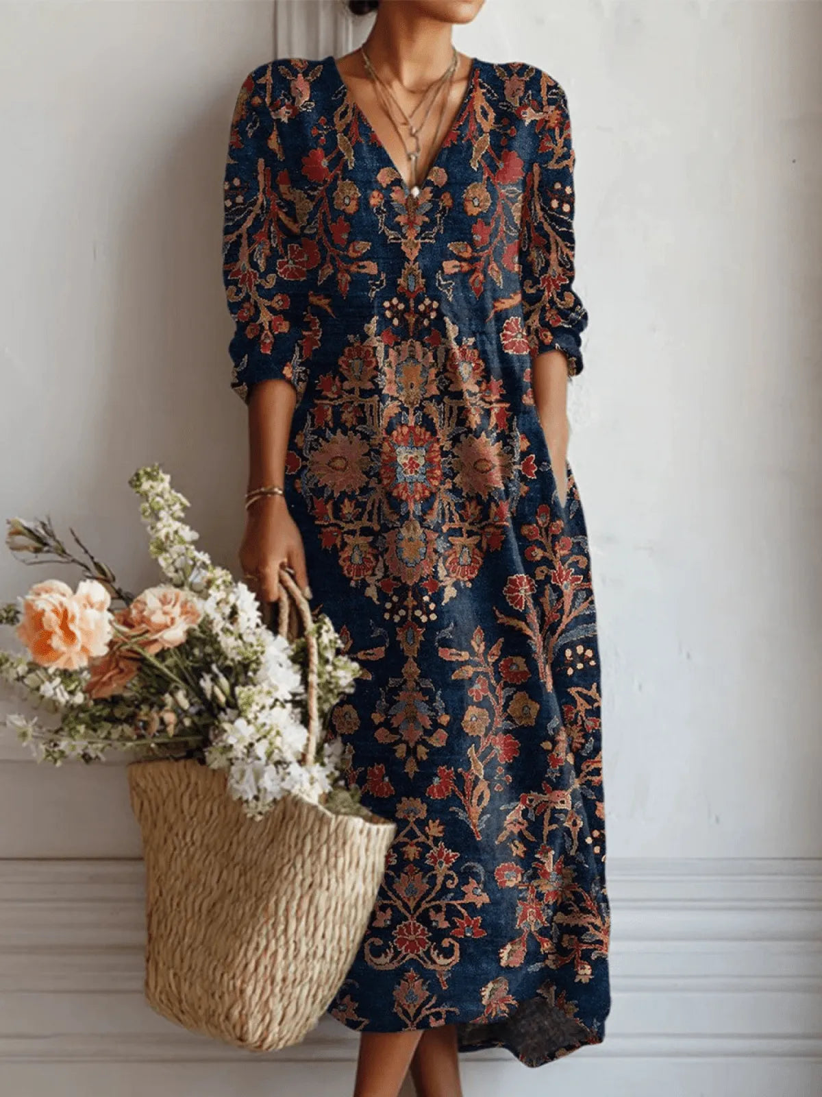 Miss | Jurk Dames Midi Boho V-hals Lange Mouw - Viscose - Miss Madera MIS-P36OTT