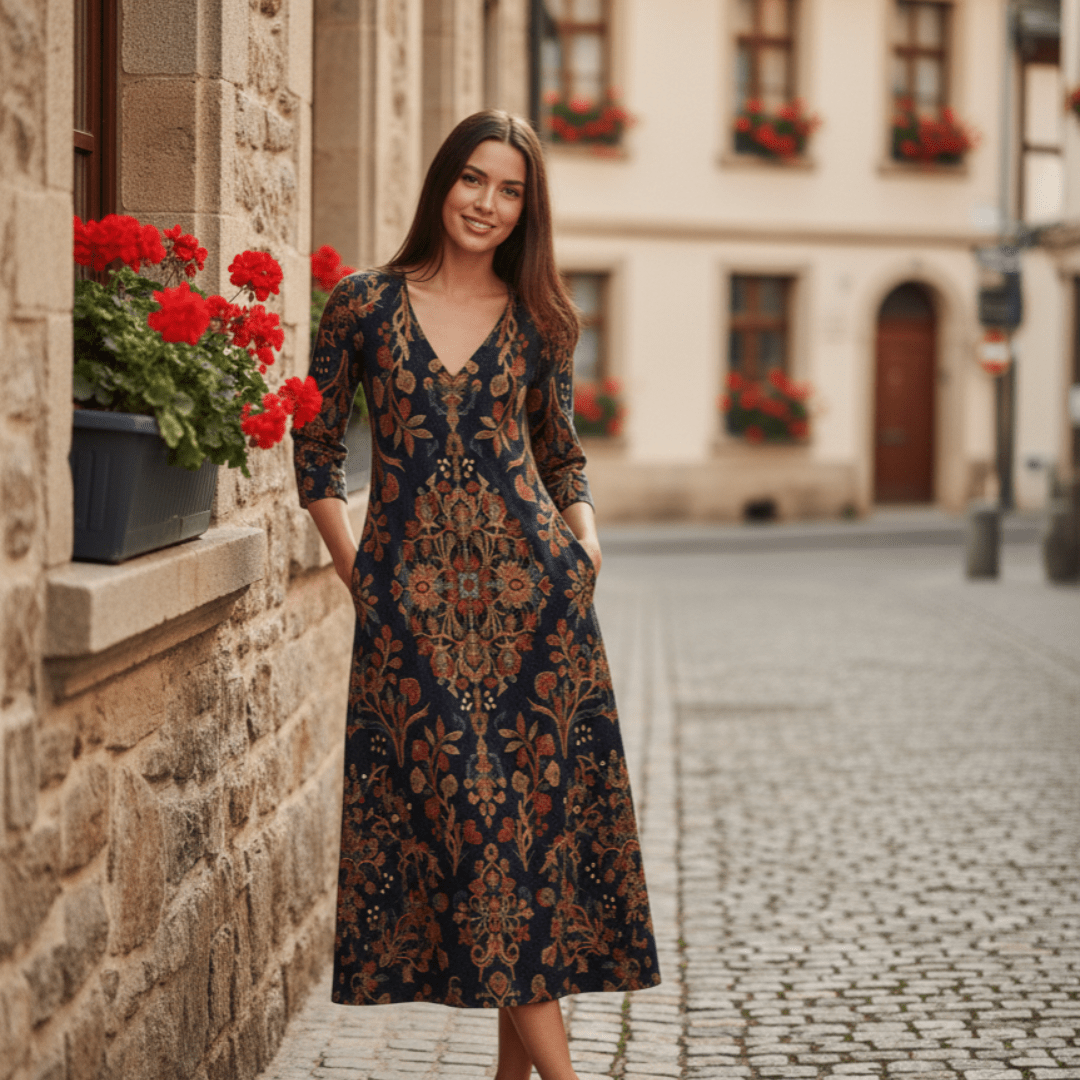 Miss | Jurk Dames Midi Boho V-hals Lange Mouw - Viscose - Miss Madera MIS-P36OTT