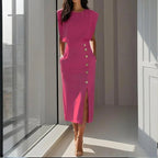 Miss | Jurk Dames Midi Ronde Hals Splitzoom Sierknoppen - Miss Madera MIS-JIZRV6