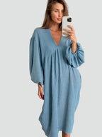 Miss | Jurk Dames Midi V-hals Pofmouwen - Viscose - Miss Madera MIS-YDSNBL