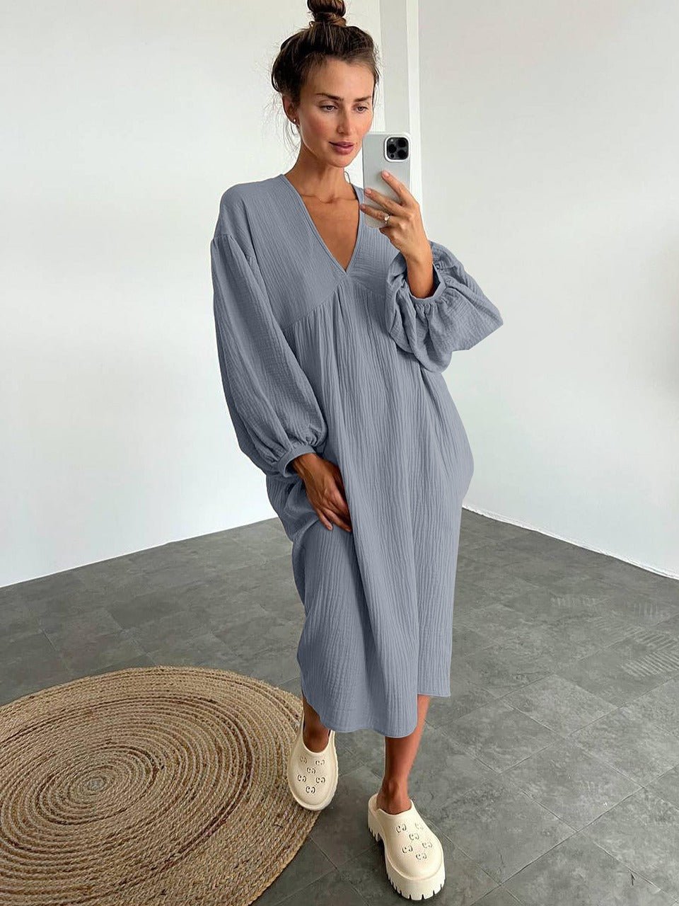 Miss | Jurk Dames Midi V-hals Pofmouwen - Viscose - Miss Madera MIS-FCWHQH