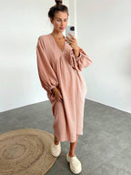 Miss | Jurk Dames Midi V-hals Pofmouwen - Viscose - Miss Madera MIS-DVNBP0