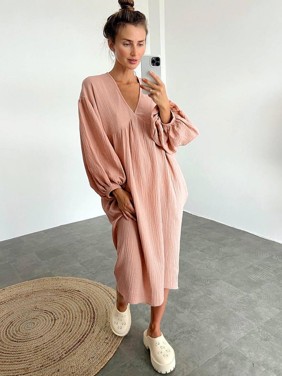 Miss | Jurk Dames Midi V-hals Pofmouwen - Viscose - Miss Madera MIS-DVNBP0